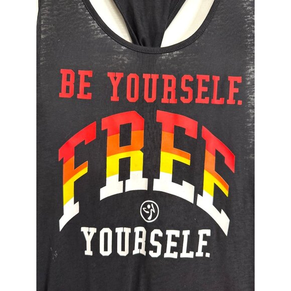 Zumba Wear Racerback Tank Top Black Sz Medium "Be Yourself. Free Yourself." NWT - Picture 4 of 10